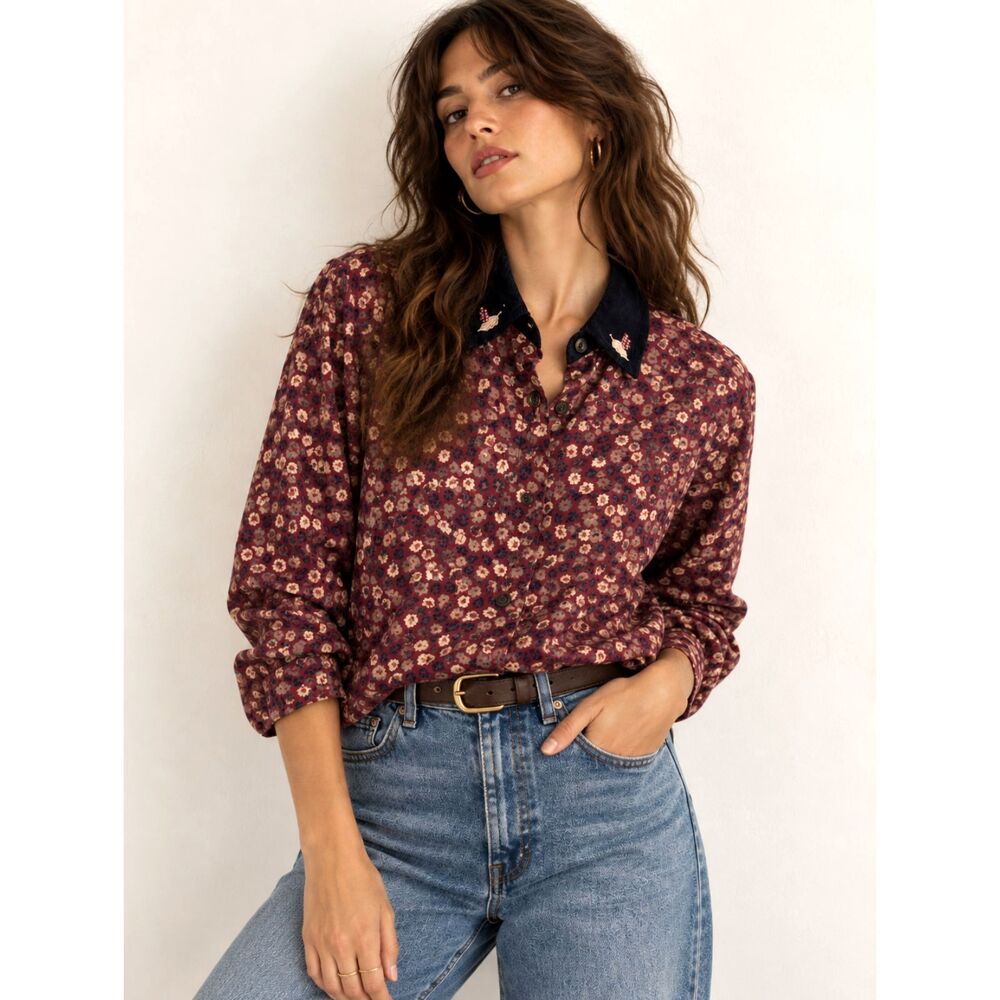 Vintage 90s Bobbie Brooks Woman Floral Button Up Blouse 18W Embroidered Collar